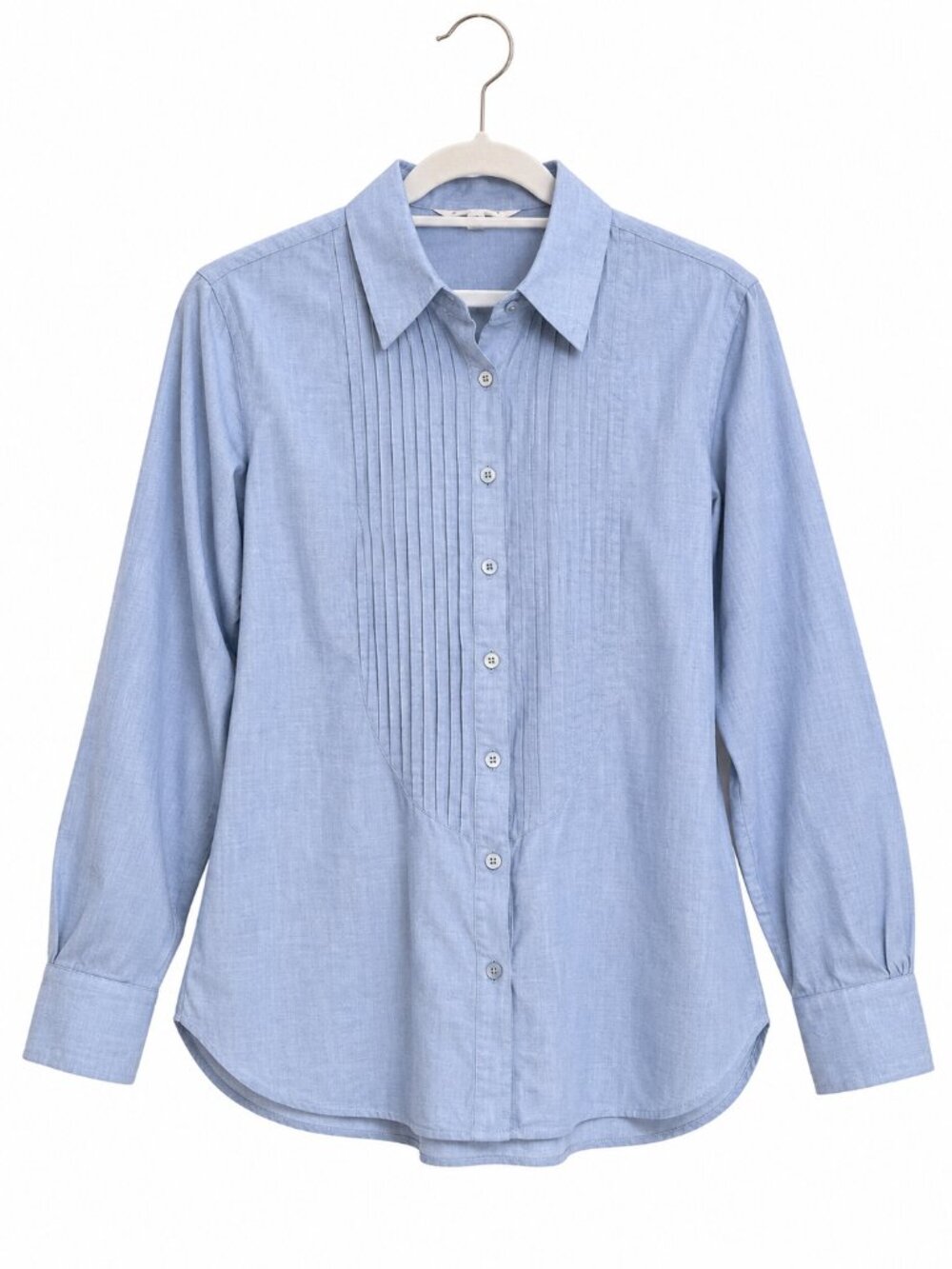 CAbi Light Blue Chambray Button-Front Pleated Pintuck Long Sleeve Blouse